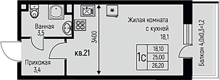 Студия, 25 м², 1/3 этаж, ЖК «Nova Vita»