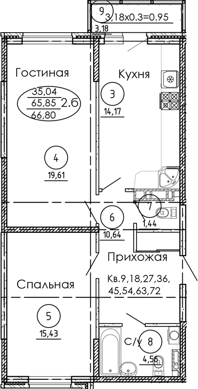 2-комн., 65.85 м², 7/9 этаж, ЖК «Рокада»