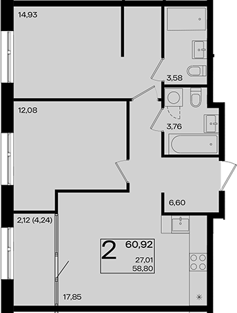 3-комн., 58.8 м², 10/18 этаж, ЖК «Патрики»