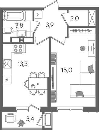 1-комн., 38 м², 18/24 этаж, ЖК «Рекорд»