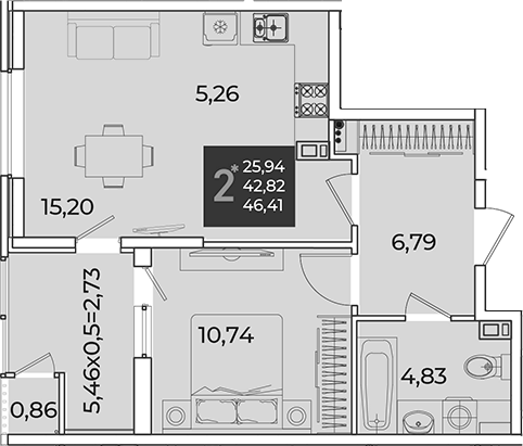 1-комн., 42.82 м², 7/18 этаж, ЖК «Образцово»