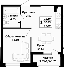 2-комн., 32.29 м², 1/4 этаж, ЖК «Южные Соседи»