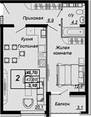 1-комн., 43.6 м², 8/15 этаж, ЖК «Чайные Холмы»