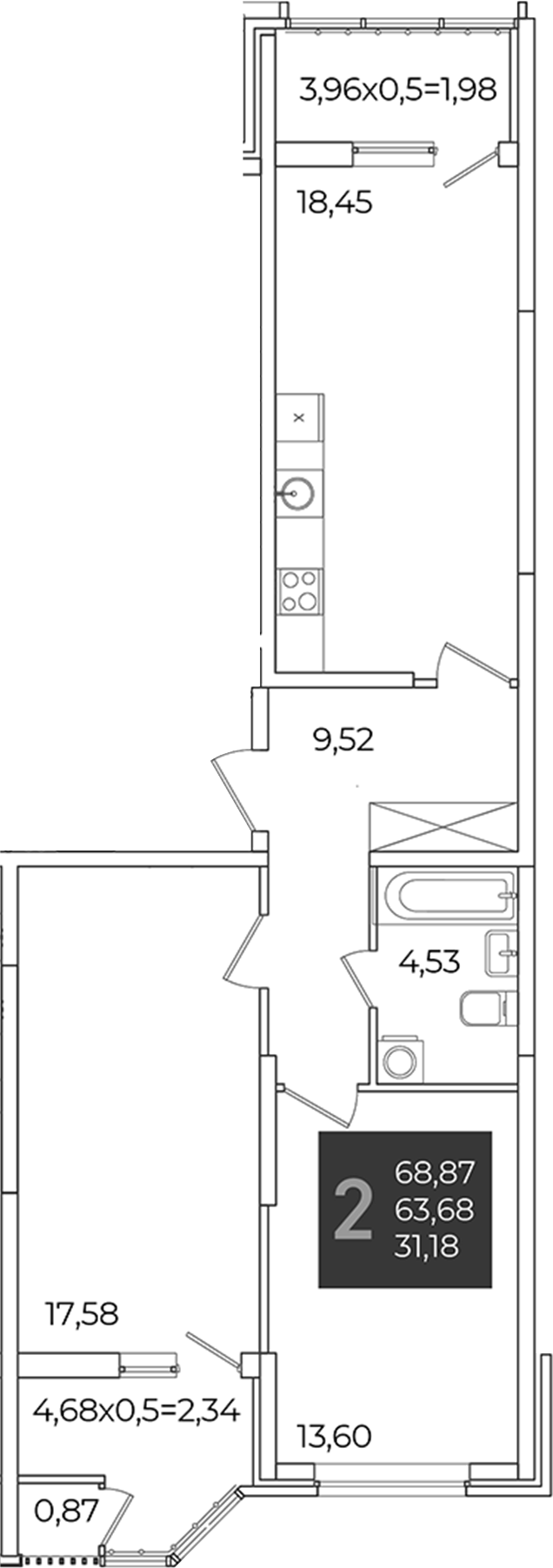 2-комн., 63.68 м², 2/21 этаж, ЖК «Образцово»