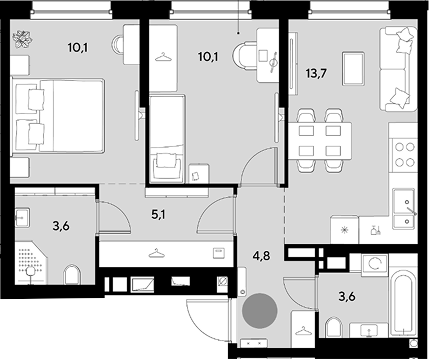 2-комн., 51 м², 8/18 этаж, ЖК «Грейд»