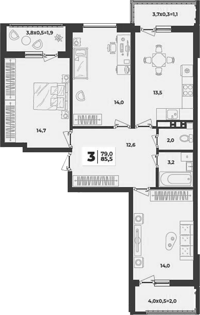 3-комн., 74 м², 2/9 этаж, ЖК «Лето»