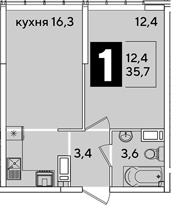 2-комн., 35.7 м², 15/16 этаж, ЖК «Самолет»