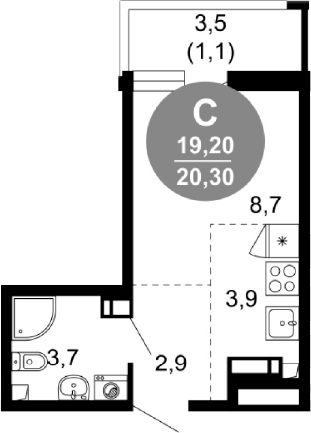 Студия, 19.2 м², 17/17 этаж, ЖК «Лестория»