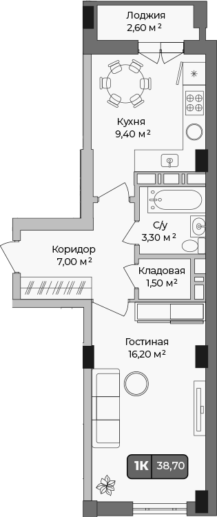 1-комн., 37.4 м², 6/9 этаж, ЖК «Опера»