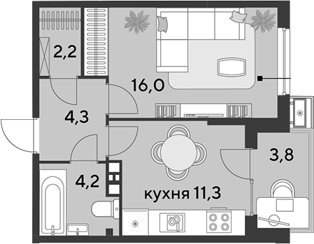 1-комн., 38 м², 7/9 этаж, ЖК «Парк Победы»