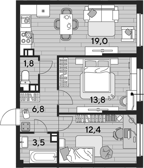 2-комн., 57.3 м², 9/16 этаж, ЖК «DОГМА ПАРК»