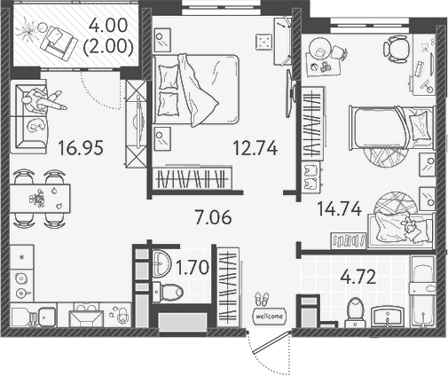 3-комн., 57.91 м², 7/9 этаж, ЖК «Друзья»