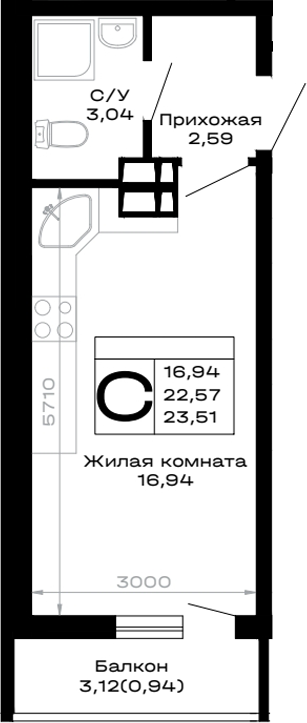Продается 1-комн. квартира, 22.57 м²