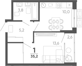 1-комн., 32.6 м², 9/15 этаж, ЖК «Барса»