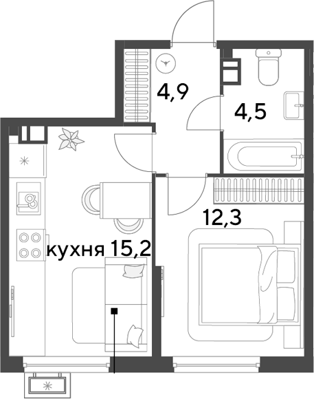 2-комн., 36.9 м², 6/9 этаж, ЖК «Парк Победы»