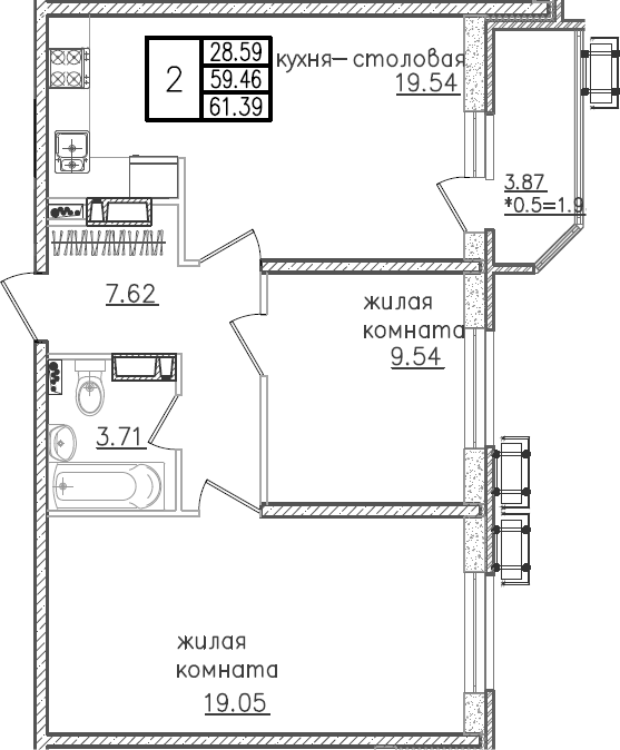 3-комн., 59.46 м², 19/23 этаж, ЖК «Урал»