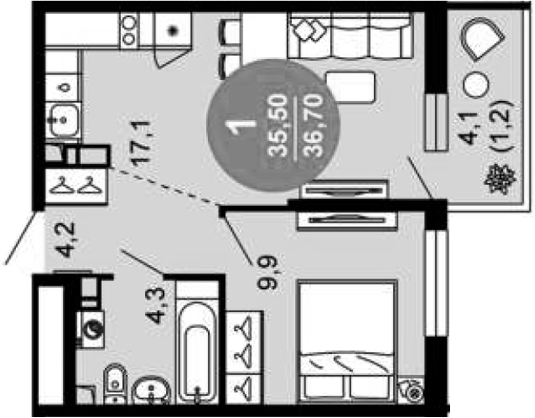 2-комн., 35.5 м², 7/12 этаж, ЖК «Флора»