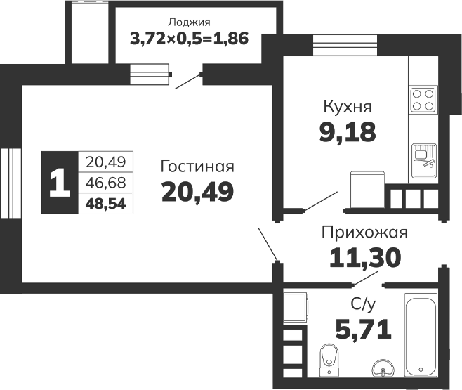 1-комн., 46.68 м², 12/16 этаж, ЖК «Кутузовский. ООО К-1»