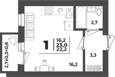 Продается 1-комн. квартира, 22.2 м²