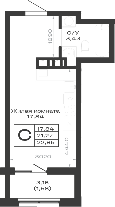 Продается 1-комн. квартира, 21.27 м²