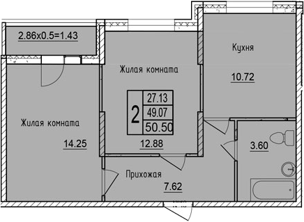 2-комн., 49.07 м², 3/16 этаж, ЖК «Друг»