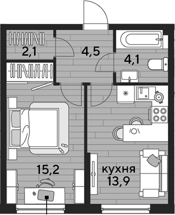 1-комн., 39.8 м², 2/16 этаж, ЖК «DОГМА ПАРК»