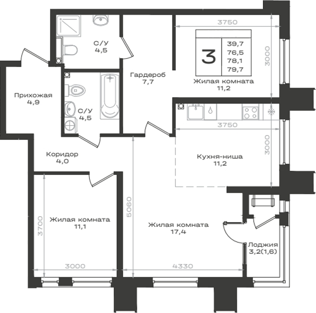 3-комн., 76.5 м², 2/14 этаж, ЖК «Нагория»