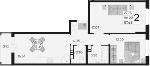 2-комн., 56.22 м², 7/9 этаж, ЖК «Дом 101»