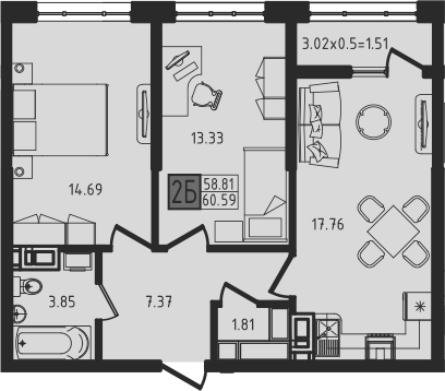 3-комн., 59.08 м², 9/9 этаж, ЖК «Яблоневый»