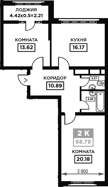 2-комн., 66.58 м², 3/21 этаж, ЖК «Сердце»