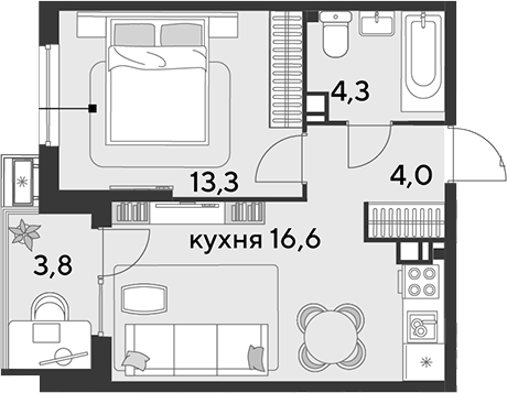 2-комн., 38.2 м², 3/18 этаж, ЖК «Парк Победы»