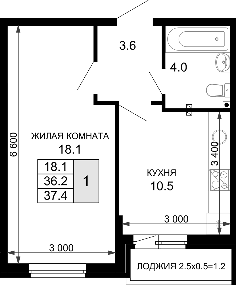 1-комн., 36.2 м², 2/16 этаж, ЖК «Дыхание»
