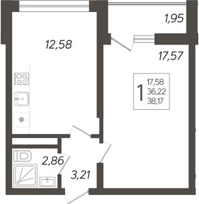 1-комн., 36.22 м², 14/19 этаж, ЖК «Кислород»