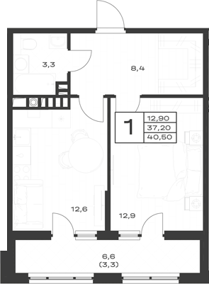1-комн., 37.2 м², 2/4 этаж, ЖК «ЭкоСфера. ГК Во-первых»