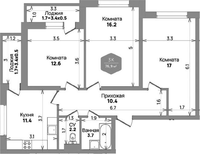 3-комн., 73.5 м², 1/21 этаж, ЖК «Бауинвест»