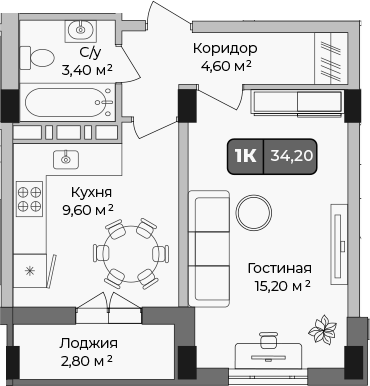 1-комн., 32.8 м², 2/9 этаж, ЖК «Опера»