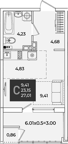 Студия, 24.01 м², 6/18 этаж, ЖК «Образцово»