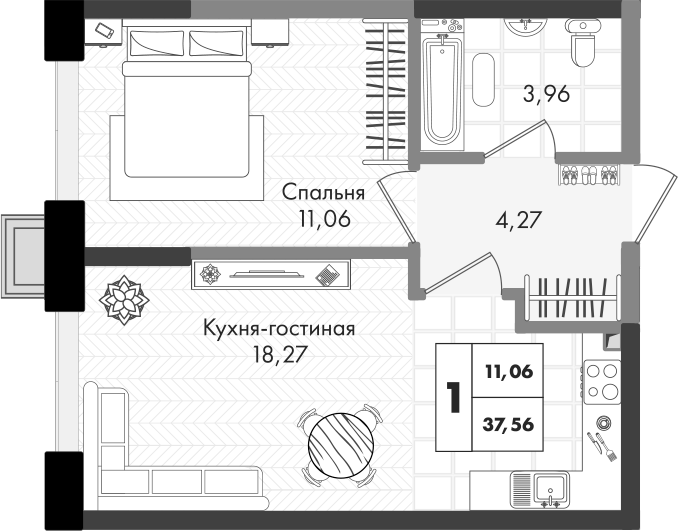2-комн., 37.56 м², 4/9 этаж, ЖК «Зеленая территория»