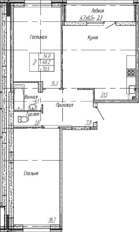 2-комн., 67.5 м², 9/9 этаж, ЖК «Архитектор. ГК ЮгСтройИнвест»