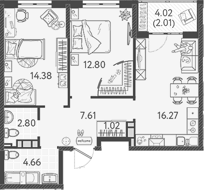 3-комн., 58.4 м², 5/9 этаж, ЖК «Друзья»