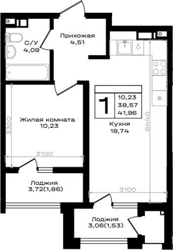 1-комн., 38.57 м², 3/9 этаж, ЖК «ЮЖНО»