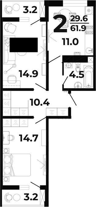 2-комн., 55.5 м², 1/8 этаж, ЖК «Горячий»