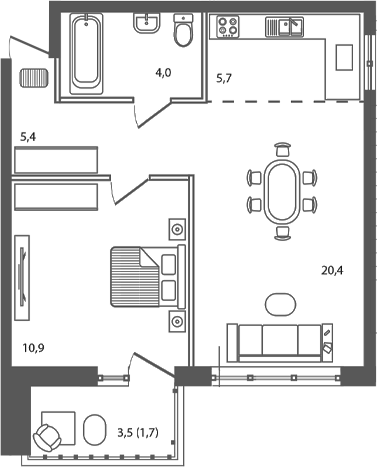 2-комн., 46.4 м², 1/7 этаж, ЖК «Сиреневый бульвар»