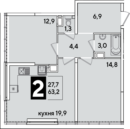 3-комн., 63.2 м², 16/16 этаж, ЖК «Самолет»