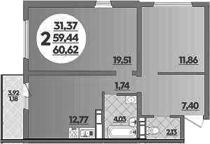 2-комн., 59.44 м², 5/9 этаж, ЖК «Предгорье Лаго-Наки»