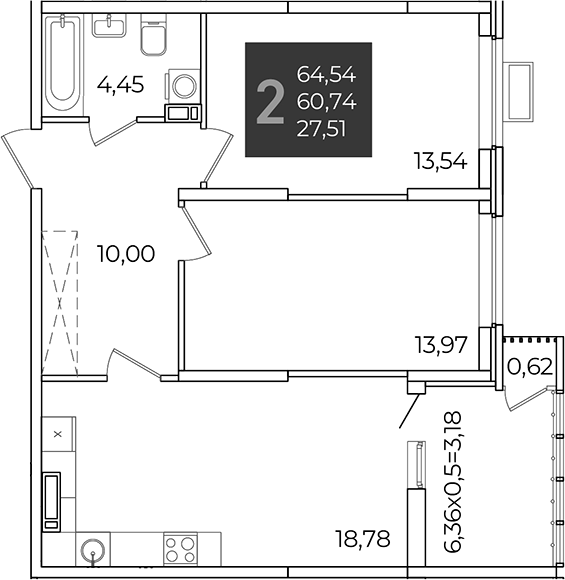 2-комн., 60.74 м², 12/21 этаж, ЖК «Образцово»