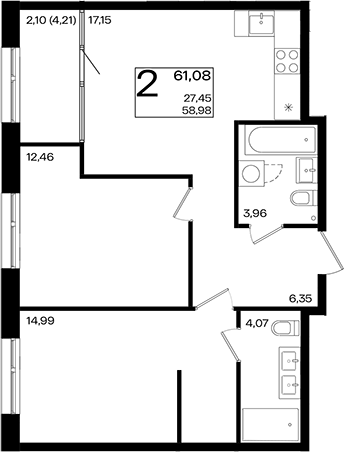 3-комн., 58.98 м², 4/18 этаж, ЖК «Патрики»