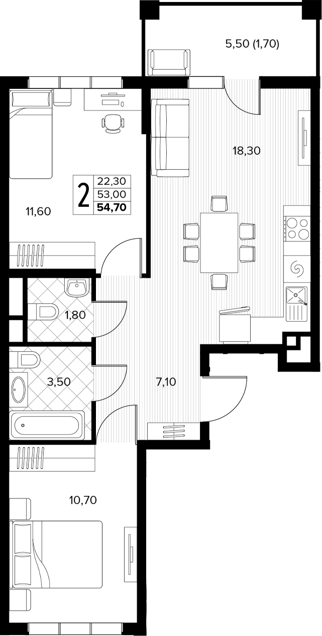 2-комн., 53 м², 8/8 этаж, ЖК «Кипарис»