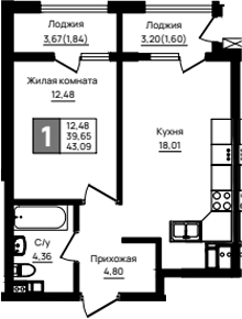 1-комн., 39.65 м², 9/18 этаж, ЖК «Резиденция морей»