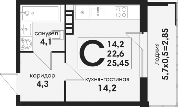 Студия, 22.6 м², 3/4 этаж, ЖК «Новая Елизаветка»